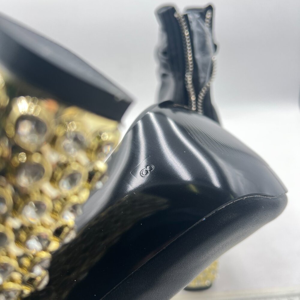 FSJ Black Stylish Peep Toe Slouch Ankle Boots Chunky Stacked Heels Crystal Shoes - Picture 6 of 8